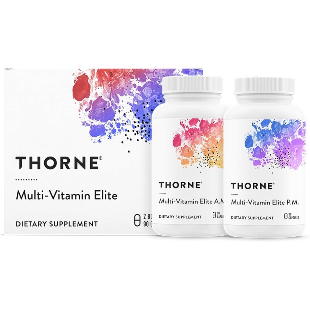 imageTHORNE MultiVitamin Elite Daily Nutritional Supplement AM Formula Supports Cellular Energy Production ampPM Formula Supports Restful Sleep GlutenFree DairyFree 180 Capsules 30 Servings